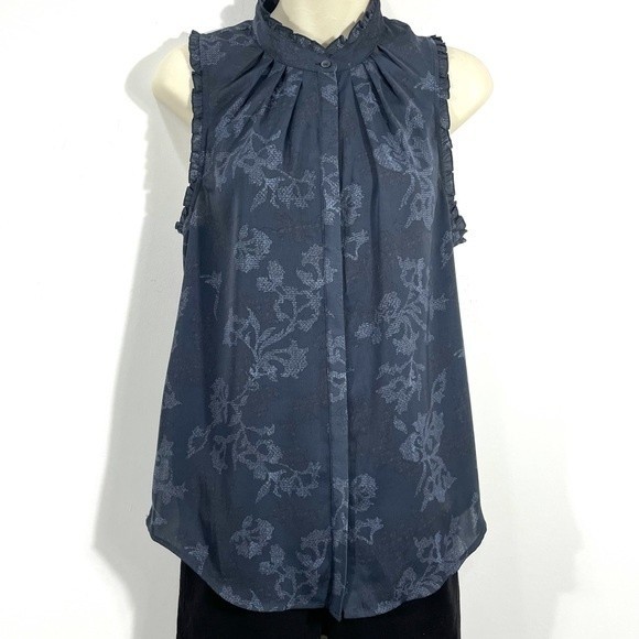 Treasure & Bond Blue Ruffle Neck Sleeveless Button Down Floral Print - Picture 2 of 10